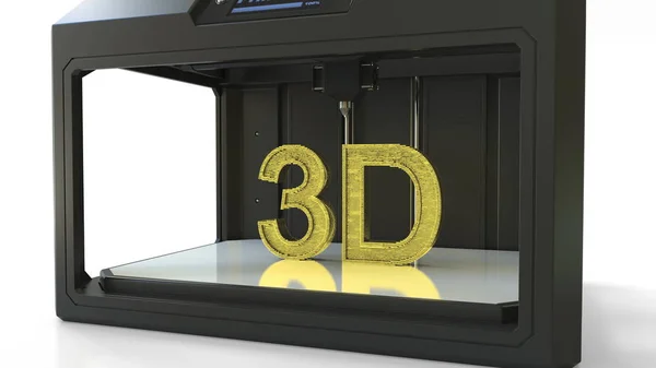 Herstellung von goldenen volumetrischen Buchstaben mit einem 3D-Drucker, Metalldruck 3D-Rendering — Stockfoto