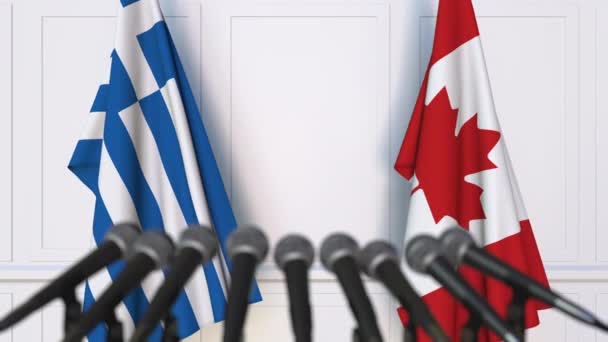 Bandiere della Grecia e del Canada alla riunione internazionale o alla conferenza stampa dei negoziati — Video Stock