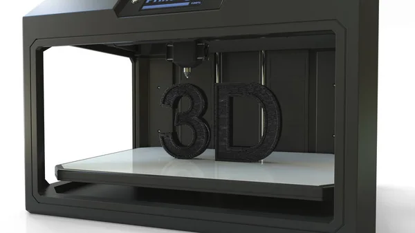 Drucken schwarzer volumetrischer Text mit modernem 3D-Drucker, 3D-Rendering — Stockfoto