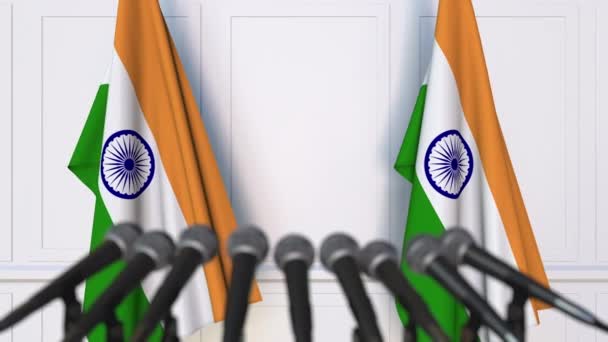 Indian official press conference. Flags of India and microphones. Conceptual animation — Stock Video