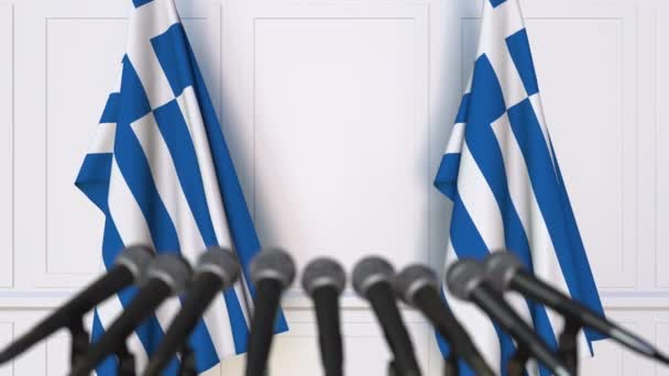 Официальная пресс-конференция Греции. Флаги Греции и микрофоны. Концептуальная анимация — стоковое видео
