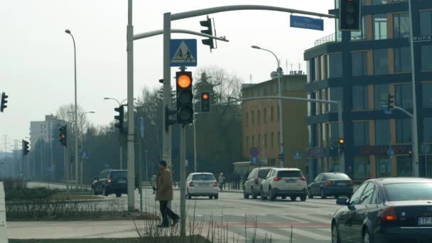 Warschau, Polen - 5. März 2018. städtische Straßenampeln an der Straßenkreuzung — Stockvideo