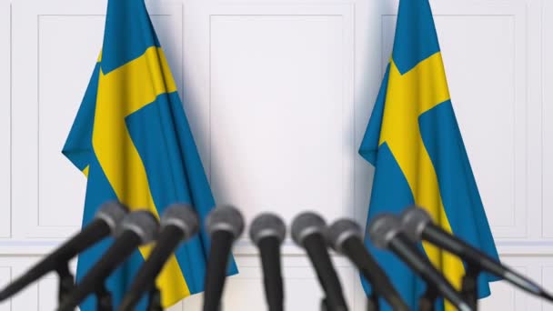 瑞典官方新闻发布会。瑞典国旗和麦克风。概念动画 — 图库视频影像