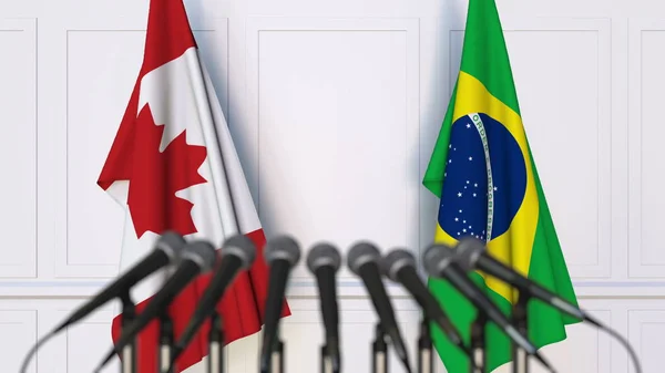 Флаги Канады и Бразилии на международной встрече или конференции. 3D рендеринг — стоковое фото