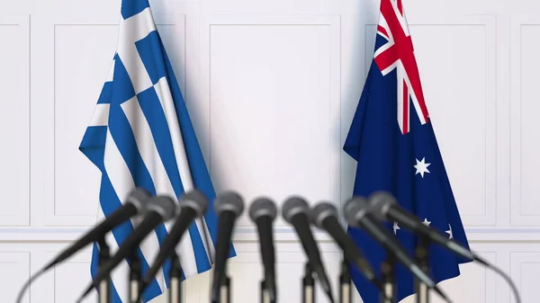 Σημαίες της Ελλάδας και της Αυστραλίας στο διεθνή σύσκεψη ή διάσκεψη. 3D rendering — Φωτογραφία Αρχείου