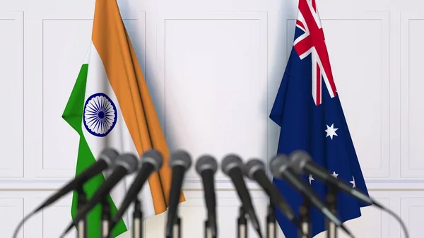 Flags of India and Australia at international meeting or conference. 3D rendering — Stock Photo, Image