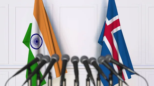 印度和冰岛在国际会议或会议上的旗帜。3d 渲染 — 图库照片