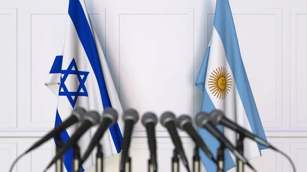 Bandeiras de Israel e Argentina em reunião ou conferência internacional. Renderização 3D — Fotografia de Stock