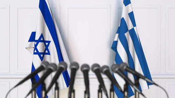 Drapeaux d'Israël et de la Grèce lors d'une réunion ou conférence internationale. rendu 3D — Photo