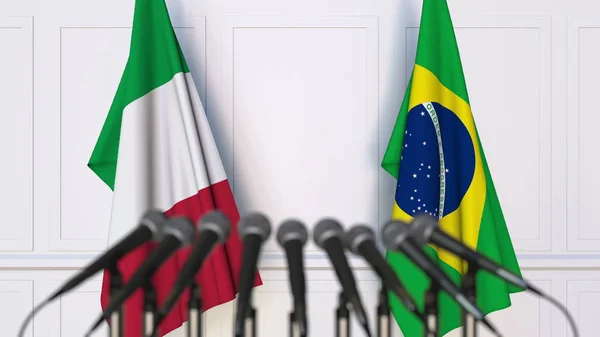 Lijst van vlaggen van Italië en Brazilië bij internationale vergadering of conferentie. 3D-rendering — Stockfoto