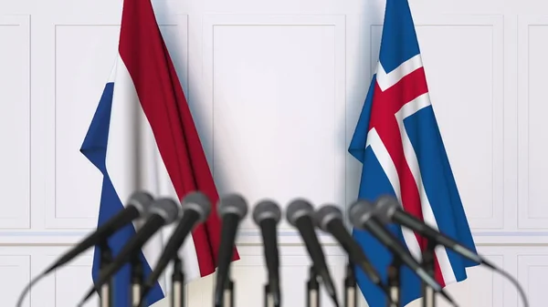 Flagi z Holandii i Islandia na międzynarodowe spotkania lub konferencji. renderowania 3D — Zdjęcie stockowe