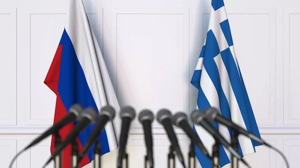 Flagi Rosji i Grecji na międzynarodowe spotkania lub konferencji. renderowania 3D — Zdjęcie stockowe