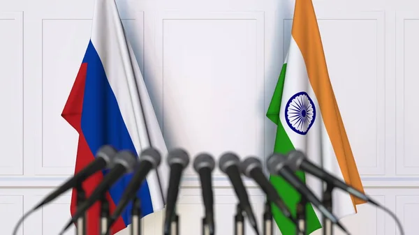 俄罗斯和印度在国际会议或会议上的旗帜。3d 渲染 — 图库照片