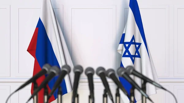 Flaggor av Ryssland och Israel på internationellt möte eller konferens. 3D-rendering — Stockfoto