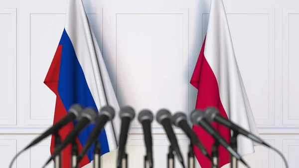 Bandiere della Russia e della Polonia in occasione di riunioni o conferenze internazionali. Rendering 3D — Foto Stock