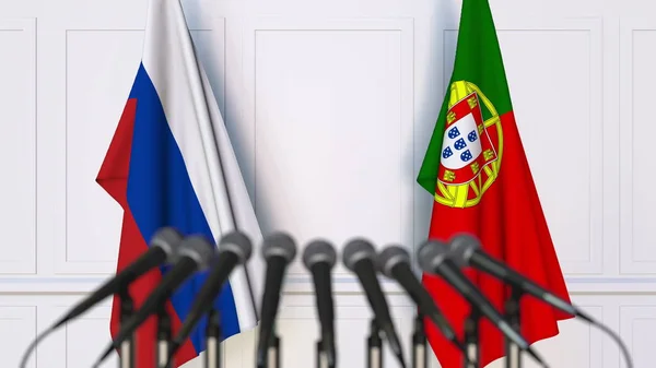 국제 회의 또는 회의에서 러시아와 포르투갈의 플래그입니다. 3 차원 렌더링 — 스톡 사진