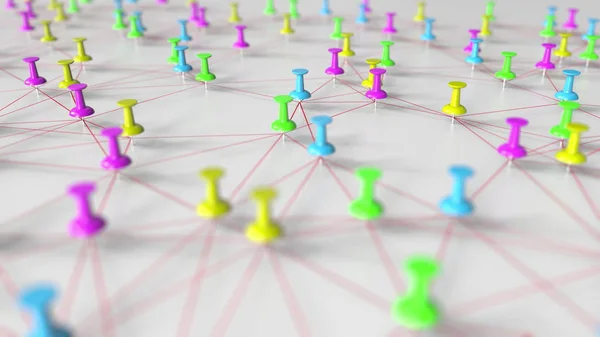 Multicolor pins and thread network model on a pinboard, close-up 3D rendering