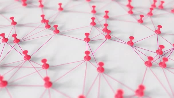 Röda stift och tråd nätverksmodell på en pinboard, 3d-animering — Stockvideo