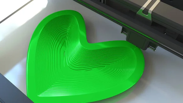 Drucken von grünen Herzformen aus Kunststoff mit einem 3D-Drucker, 3D-Rendering — Stockfoto