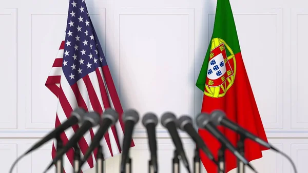 Flags of the USA and Portugal at international meeting or conference. 3D rendering — Stock Photo, Image