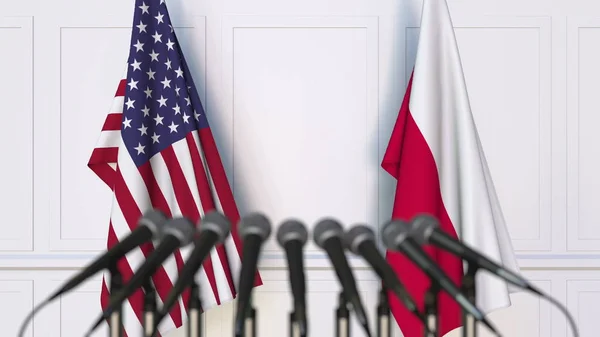 Bandiere degli Stati Uniti e della Polonia in occasione di riunioni o conferenze internazionali. Rendering 3D — Foto Stock