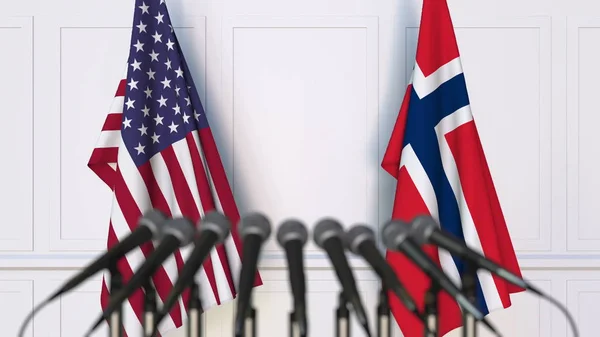 Flaggor av Usa och Norge på internationellt möte eller konferens. 3D-rendering — Stockfoto