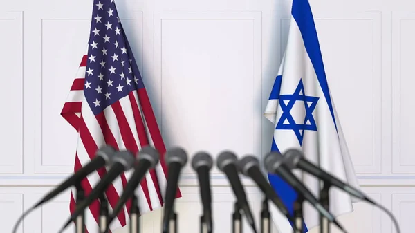 Σημαίες των ΗΠΑ και του Ισραήλ στα διεθνή σύσκεψη ή διάσκεψη. 3D rendering — Φωτογραφία Αρχείου
