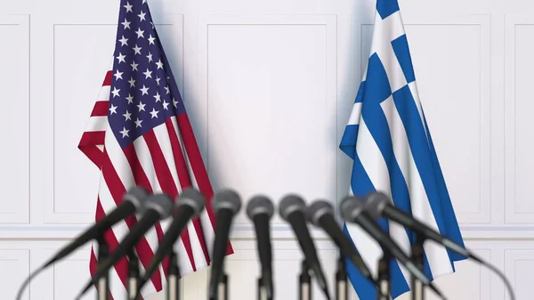 Flaggor av Usa och Grekland på internationellt möte eller konferens. 3D-rendering — Stockfoto