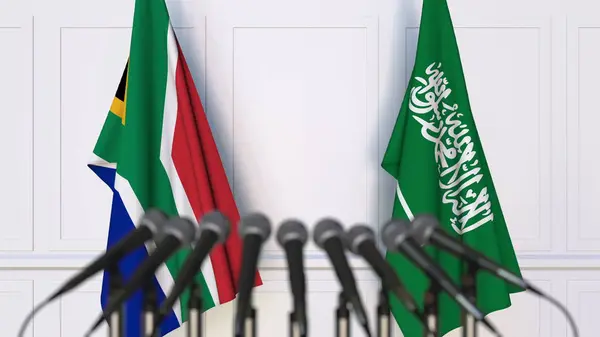 南非和沙特阿拉伯在国际会议或会议上的旗帜。3d 渲染 — 图库照片