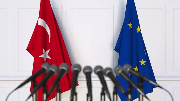 Флаги Турции и Европейского Союза на международной встрече или конференции. 3D рендеринг — стоковое фото