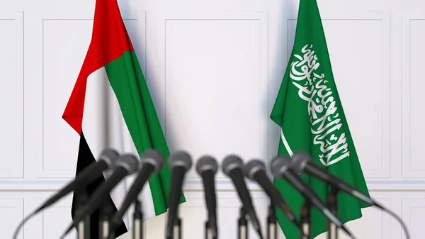 国際会議や会議でアラブ首長国連邦とサウジアラビアのフラグです。3 d レンダリング — ストック写真