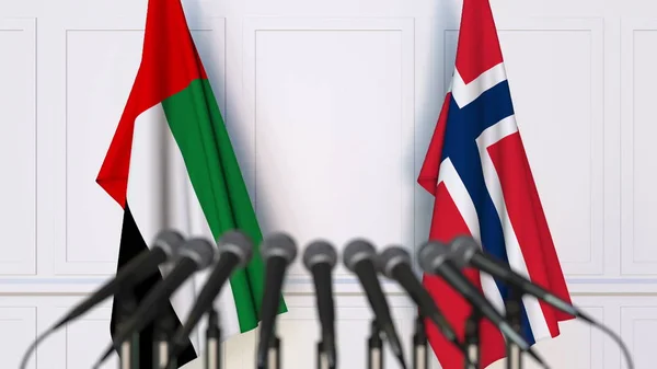 Флаги ОАЭ и Норвегии на международной встрече или конференции. 3D рендеринг — стоковое фото