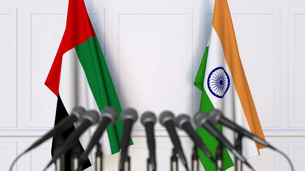 Флаги ОАЭ и Индии на международной встрече или конференции. 3D рендеринг — стоковое фото