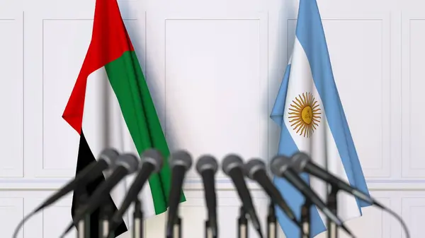 Флаги ОАЭ и Аргентины на международной встрече или конференции. 3D рендеринг — стоковое фото