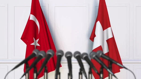 Lijst van vlaggen van Turkije en Zwitserland op internationale vergadering of conferentie. 3D-rendering — Stockfoto