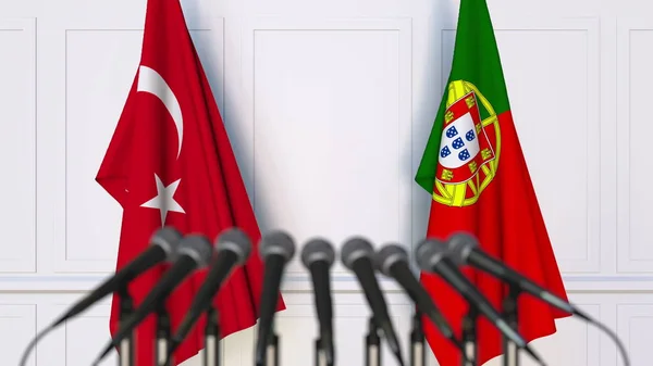 Uluslararası Toplantı veya konferans Türkiye ve Portekiz bayraklar. 3D render — Stok fotoğraf