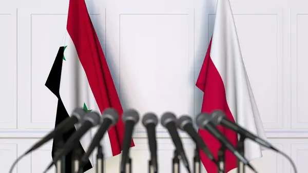 Флаги Сирии и Польши на международной встрече или конференции. 3D рендеринг — стоковое фото