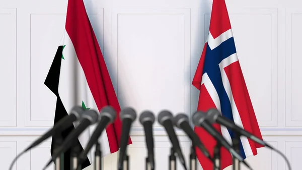 Flaggor av Syrien och Norge på internationellt möte eller konferens. 3D-rendering — Stockfoto