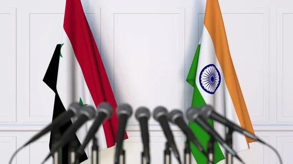 Flags of Syria and India at international meeting or conference. 3D rendering — Stock Photo, Image