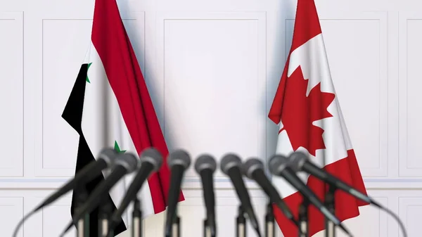 Lijst van vlaggen van Syrië en Canada op internationale vergadering of conferentie. 3D-rendering — Stockfoto