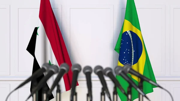 Zászlók, Syria és Brazil nemzetközi találkozó és konferencia. 3D-leképezés — Stock Fotó