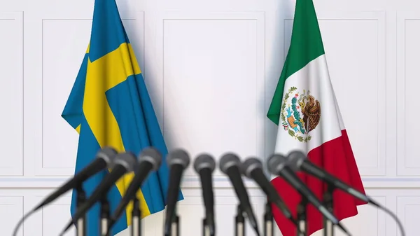 Σημαίες της Σουηδίας και το Μεξικό στο διεθνή σύσκεψη ή διάσκεψη. 3D rendering — Φωτογραφία Αρχείου