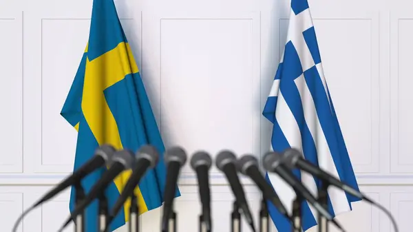 Flaggor för Sverige och Grekland på internationellt möte eller konferens. 3D-rendering — Stockfoto