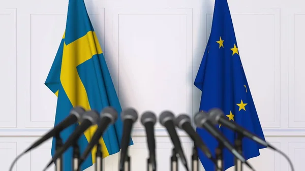 Banderas de Suecia y de la Unión Europea en reuniones o conferencias internacionales. Renderizado 3D — Foto de Stock