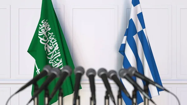 Flaggor av Saudiarabien och Grekland på internationellt möte eller konferens. 3D-rendering — Stockfoto