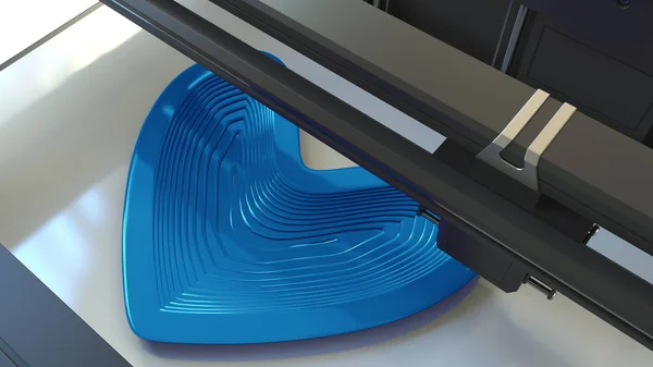 Impresión de forma de corazón azul plástico con una impresora 3D, renderizado 3D — Foto de Stock