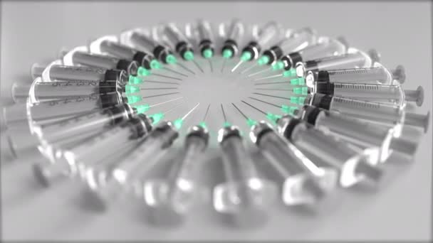 Círculo feito de muitas seringas. Animação de loopable relacionada com cuidados de saúde, medicamentos, testes médicos ou vacinação — Vídeo de Stock