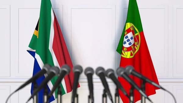Σημαία της Νότιας Αφρικής και της Πορτογαλίας στο διεθνή σύσκεψη ή διάσκεψη. 3D rendering — Φωτογραφία Αρχείου