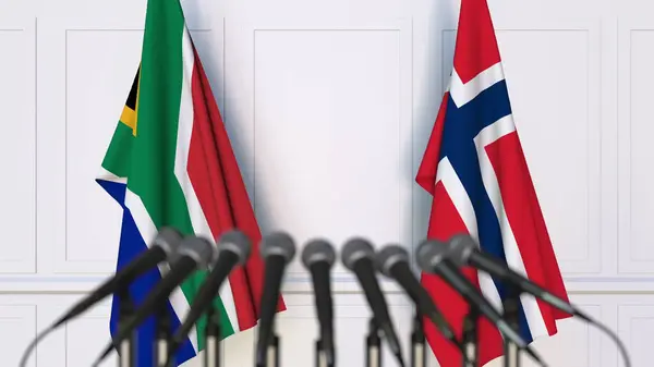 Flaggor i Sydafrika och Norge på internationellt möte eller konferens. 3D-rendering — Stockfoto