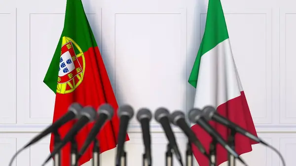 Flags of Portugal and Italy at international meeting or conference. 3D rendering — Stock Photo, Image